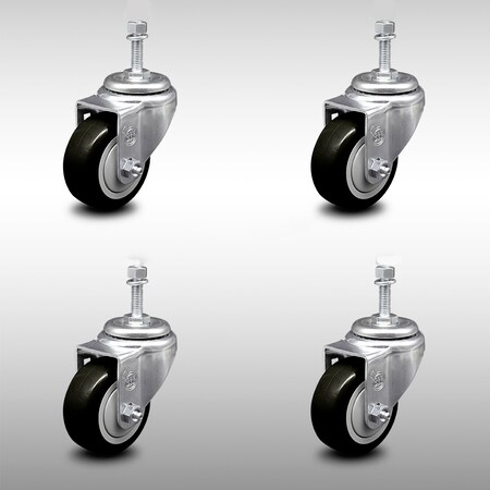 Service Caster 3.5 Inch SS Black Polyurethane Wheel Swivel 3/8 Inch Threaded Stem Caster Set SCC-SSTS20S3514-PPUB-BLK-381615-4